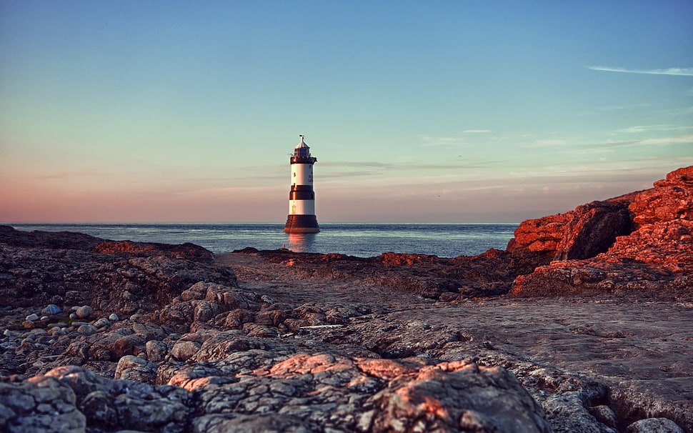 black and white lighthouse, nature, sea, rock, lighthouse HD wallpaper