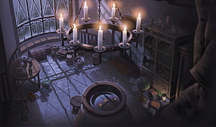 white and brown chandelier, artwork, dark, library, candles