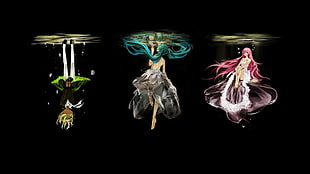 three anime character illustration, Vocaloid, Kagamine Rin, Megurine Luka, Hatsune Miku