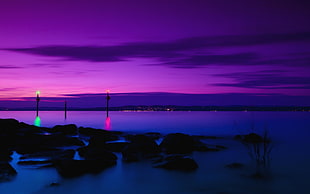 silhouette of calm body of water, night, sea, sky, purple