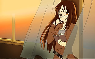 black haired female anime character in brown sweater near window with curtain illustration