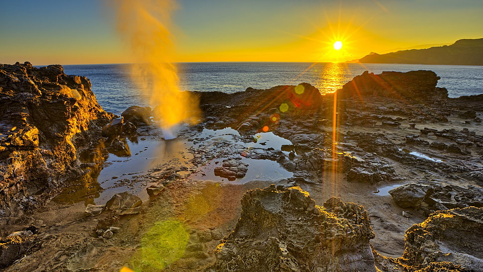 gray rock, nature, HDR, sunset, Maui HD wallpaper