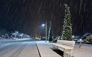 white bench, winter, snow, landscape, cityscape