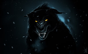 black wolf digital wallpaper, wolf, orange eyes