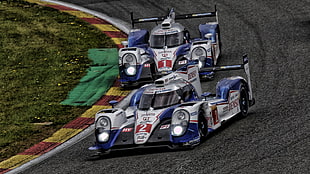 two blue-and-gray formula cars, Toyota TS040, race cars, racing, car