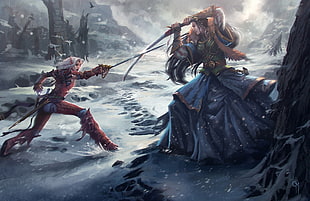 two woman wearing dress and armor illustration
