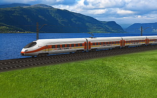 white and orange train on railroad near body of water
