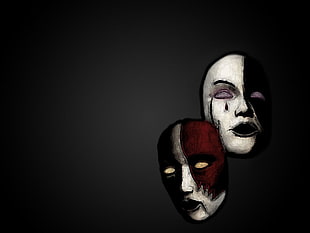 white and red masks wallpaper, mask, simple background, artwork