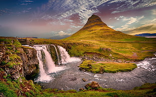 green mountain, nature, river, waterfall, hill HD wallpaper