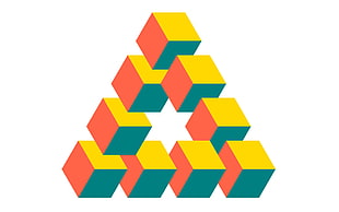 triangular orange, red, and green logo illustration, cube, optical illusion, simple background, Penrose triangle