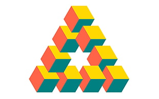 triangular orange, red, and green logo illustration, cube, optical illusion, simple background, Penrose triangle