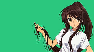 brown haired female in white shirt anime character illustration