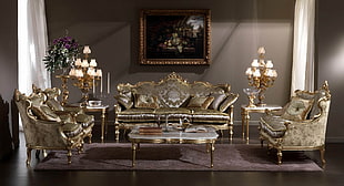 brass-based gray floral fabric sofa set