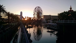 brown Ferris wheel, Disney, Mickey Mouse, sunset, reflection