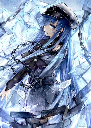 blue haired female character in black suit