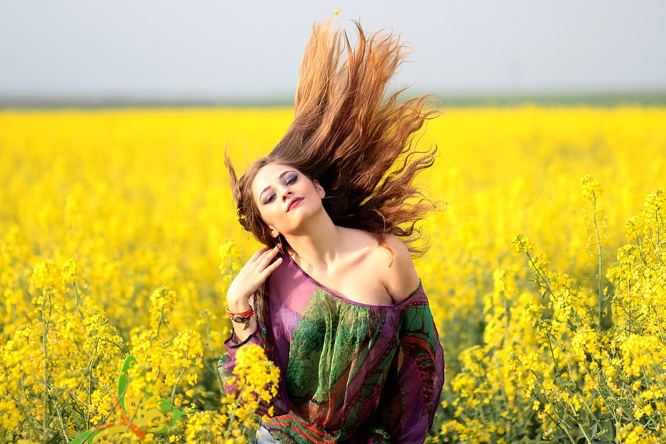 woman in purple off-shoulder top in the yellow flower field HD wallpaper