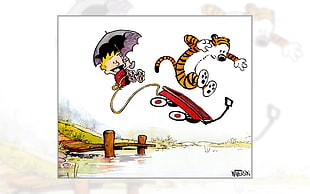 red and black bicycle illustration, Calvin and Hobbes