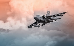 photo of gray fighter jet near clouds HD wallpaper