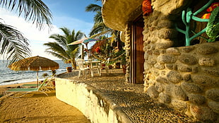Building,  Beach,  Sand,  Palm trees HD wallpaper