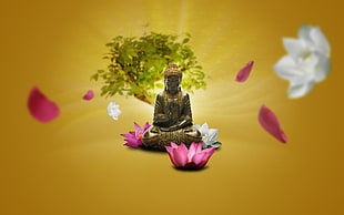 copper-colored Buddha statue, zen, Buddha, meditation, lotus flowers