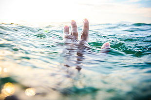 tilt shift lens photography of persons hand above body of water and his body under the water HD wallpaper