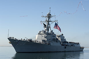 battleship with USA flag HD wallpaper