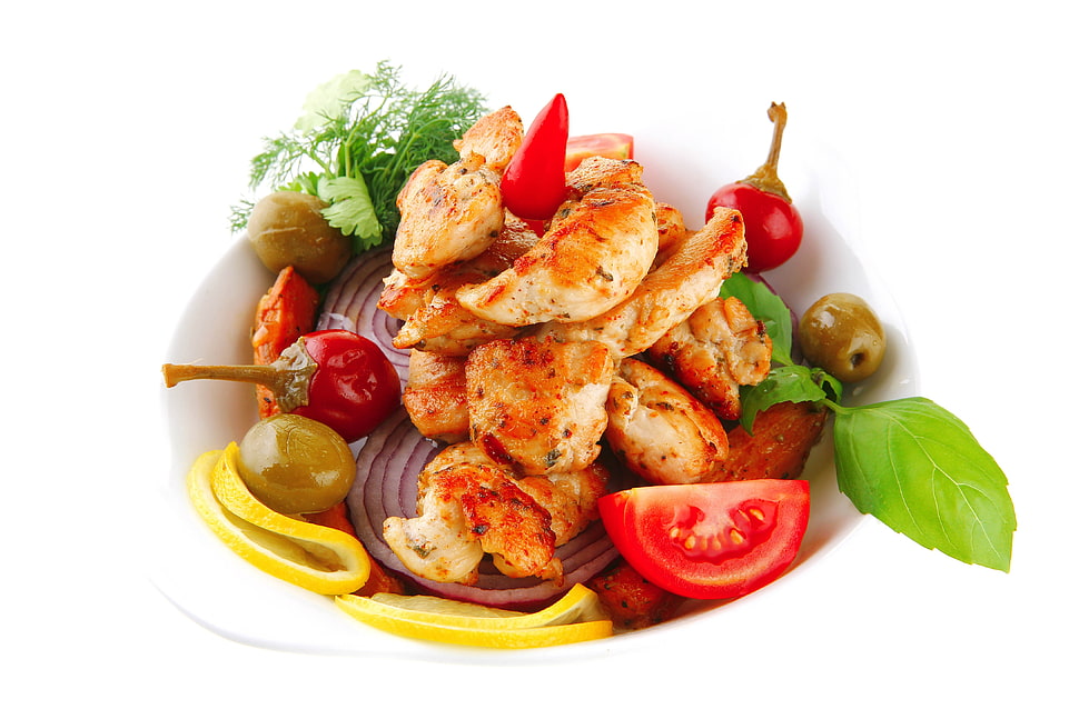 cooked meat with tomato and vegetables HD wallpaper