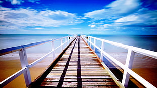 brown and white wooden pathway, bridge, pier, sky, clouds HD wallpaper