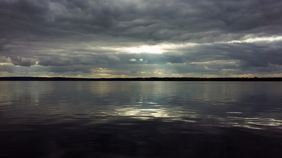 rectangular brown wooden coffee table, sky, clouds, river, water HD wallpaper