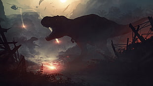 silhouette photo of dinosaur, artwork, digital art, dinosaurs, apocalyptic HD wallpaper