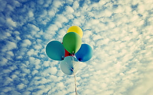 assorted color balloon flying on cloudy sky