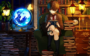 boy anime character reading book