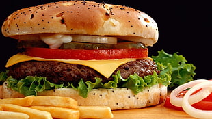 hamburger with cheese, lettuce, and tomato and fries HD wallpaper