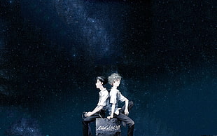 two men sitting on grey stool, Neon Genesis Evangelion, Ikari Shinji, Kaworu Nagisa HD wallpaper