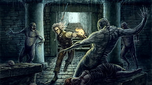 man in brown jacket holding sword surrounded by three zombies