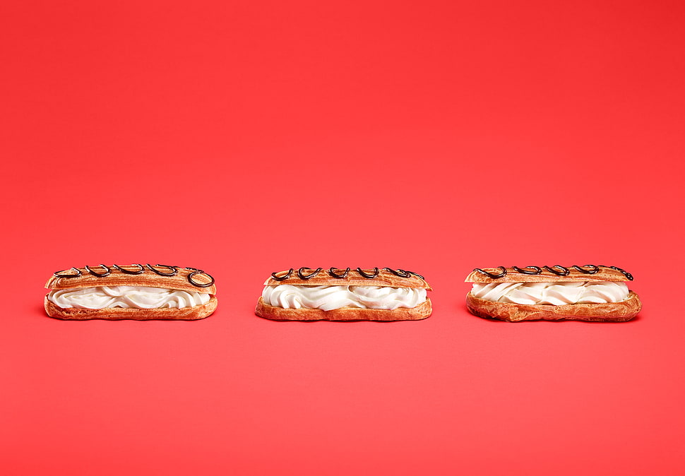 three breads with creams, Android (operating system), red background, minimalism, digital art HD wallpaper