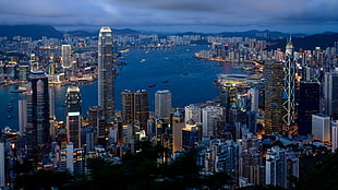 top view of city buildings, cityscape, building, lights, Hong Kong