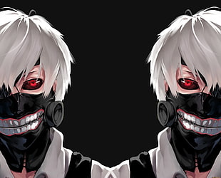 black mask white haired animae character poster