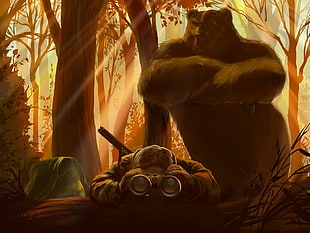 bear and man holding binoculars wallpaper, humor, dark humor, nature, landscape