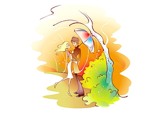 couple with umbrella and grass illustration HD wallpaper