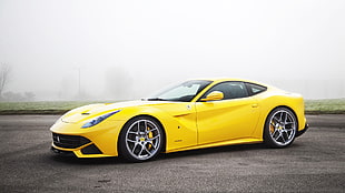 yellow sports coupe, Ferrari, F12 Berlinetta , car, yellow cars HD wallpaper