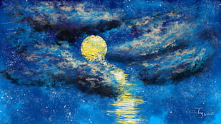 full moon painting, moonlight, constellations, sky, stars HD wallpaper