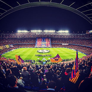 red, blue, and yellow flag, FC Barcelona, soccer clubs, soccer, Camp Nou