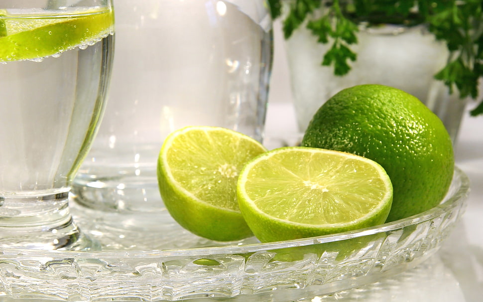 green lime with clear glass container HD wallpaper