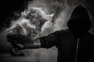black zip hoodie, monochrome, riots, hoods, men HD wallpaper