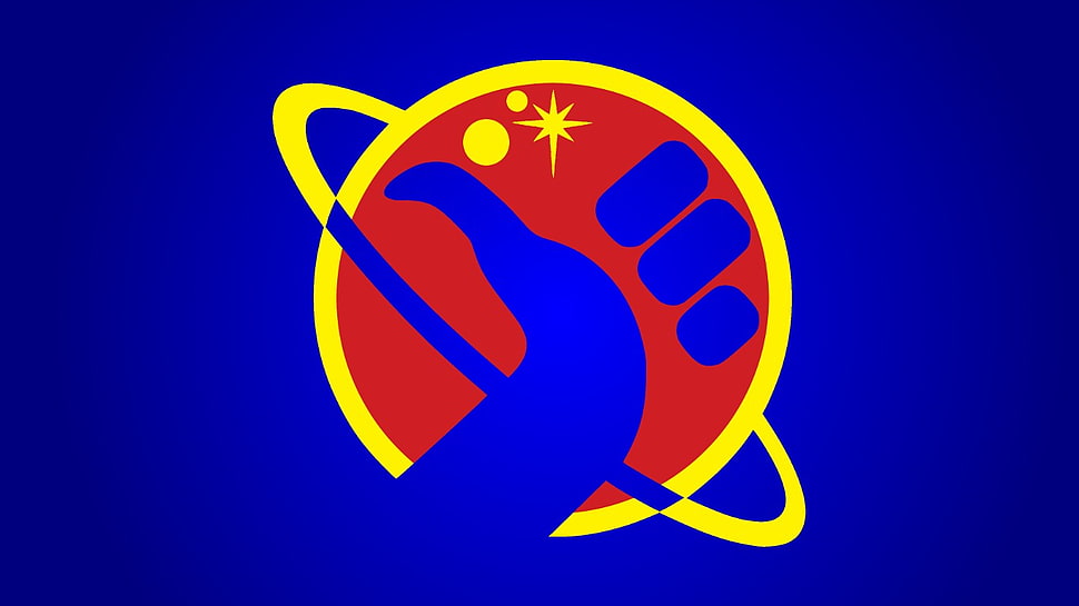 red, yellow, and blue hand and planet logo, The Hitchhiker's Guide to the Galaxy HD wallpaper