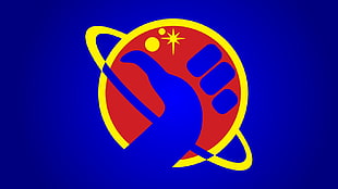 red, yellow, and blue hand and planet logo, The Hitchhiker's Guide to the Galaxy