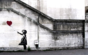 toddler about to catch balloon wall decor, Banksy, artwork, urban, wall HD wallpaper