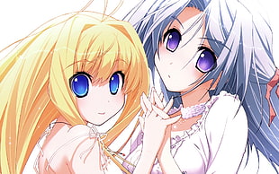 two female anime character holding hands together digital wallpaper