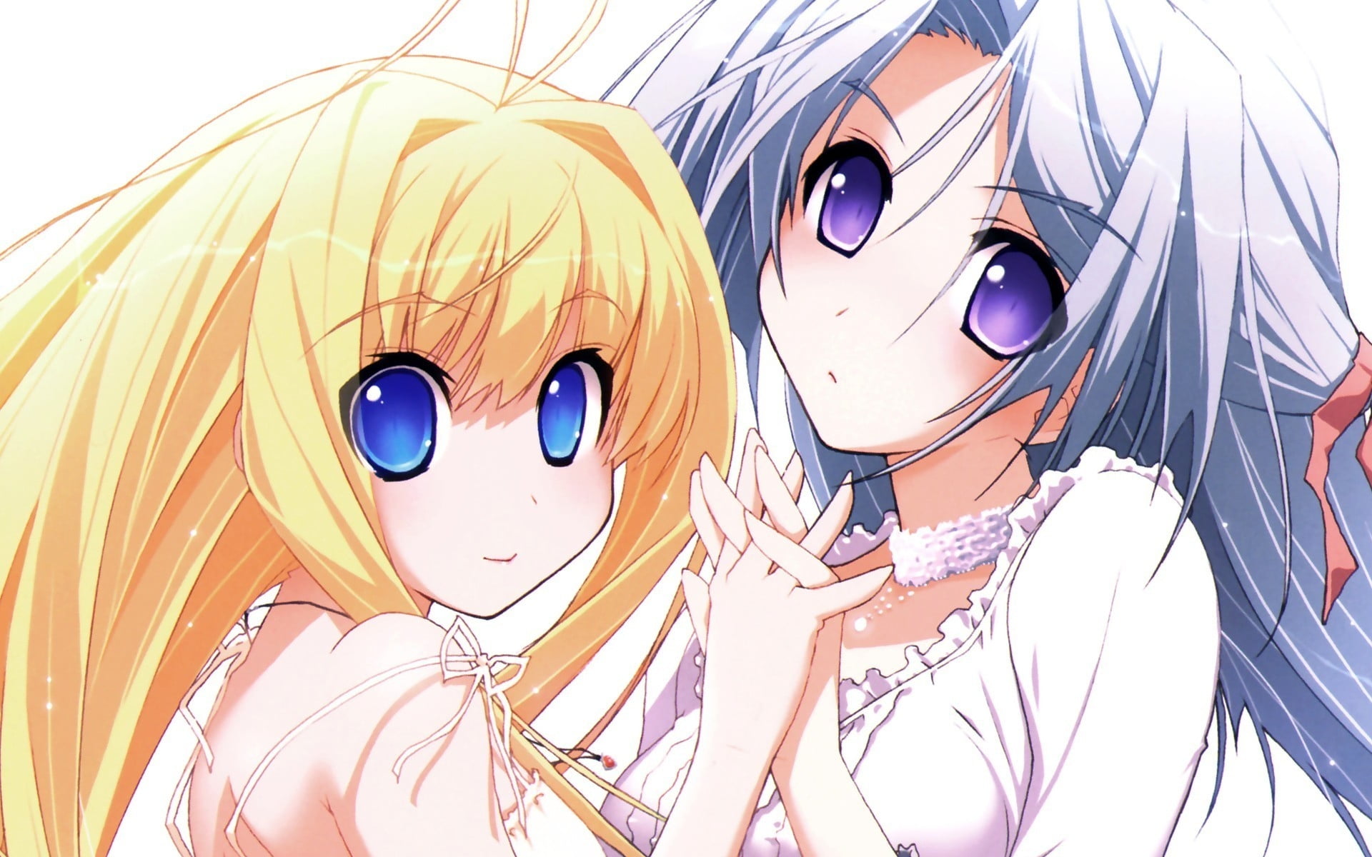 two female anime character holding hands together digital wallpaper